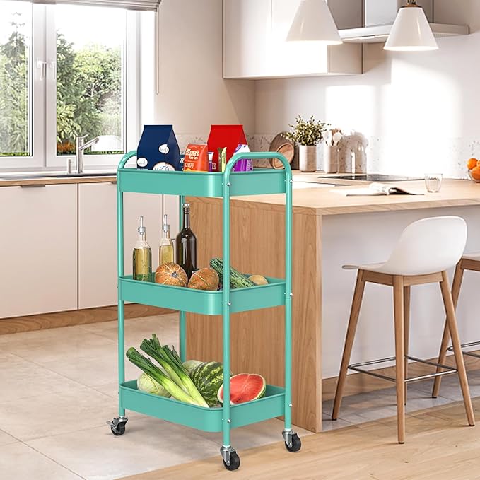 3-Tier Rolling Metal Storage Cart with Wheels, Multi-Functional Organizer for Office, Kitchen, Bathroom, Books Diapers - Easy Assembly (Blue)