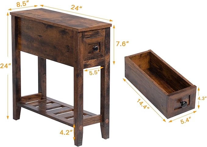 Brown 2 Pack Chairside Narrow End Table with Drawer, Solid Recliner Side Table with Storage Shelf, Slim Nightstand Bedside Table for Bedroom