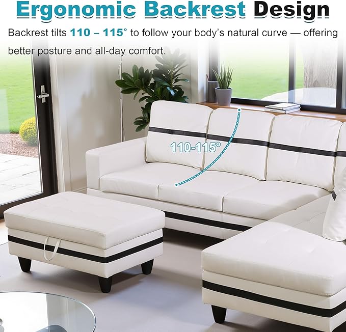 103.5" Oversized Sectional Couch, L Shaped Couch with Storage Ottoman, Modern Modular Sofa with Deep Seat, Sectional Couches for Living Room and Office, White and Black (PU Leather)