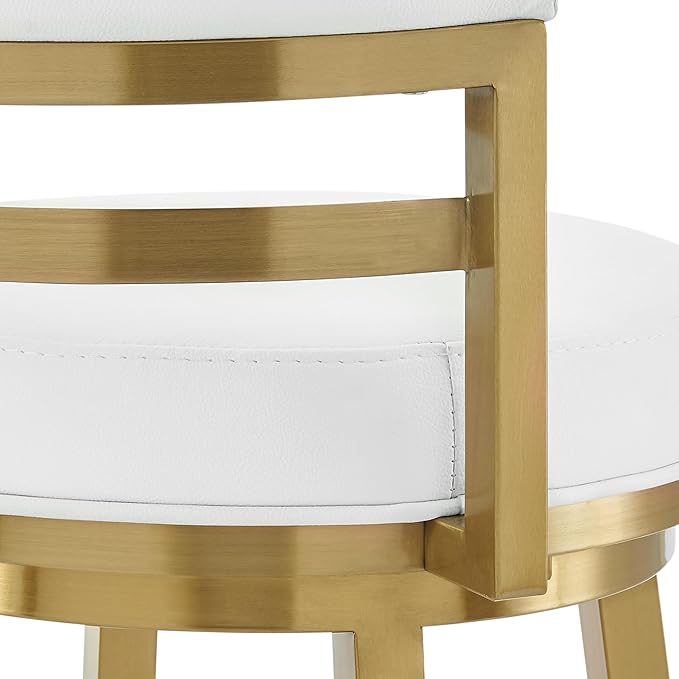Armen Living Madrid 30" Seat Height Swivel Modern White Faux Leather and Gold Brushed Stainless Steel Bar Stool for Kitchen Island Counter