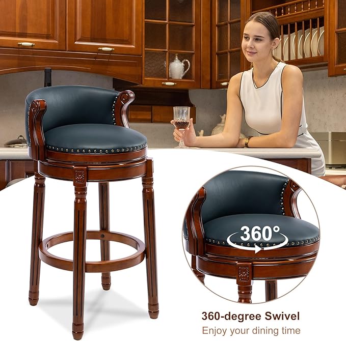 CozyRain Bar Stools Rubber Wood Counter Height Bar Stool Leather Upholstered Swivel Barstools with Back & Footrest for Home,Kitchen,Counter,Dining Room (Navy Blue, Seat Height 29.5 in)