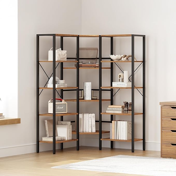HOOBRO Industrial Corner Bookshelf, 5-Tier L-Shaped Bookcase, Open Display Storage Rack, Floor Standing Storage Shelf, for Living Room, Bedroom, Home Office, Rustic Brown and Black BF68SJ01