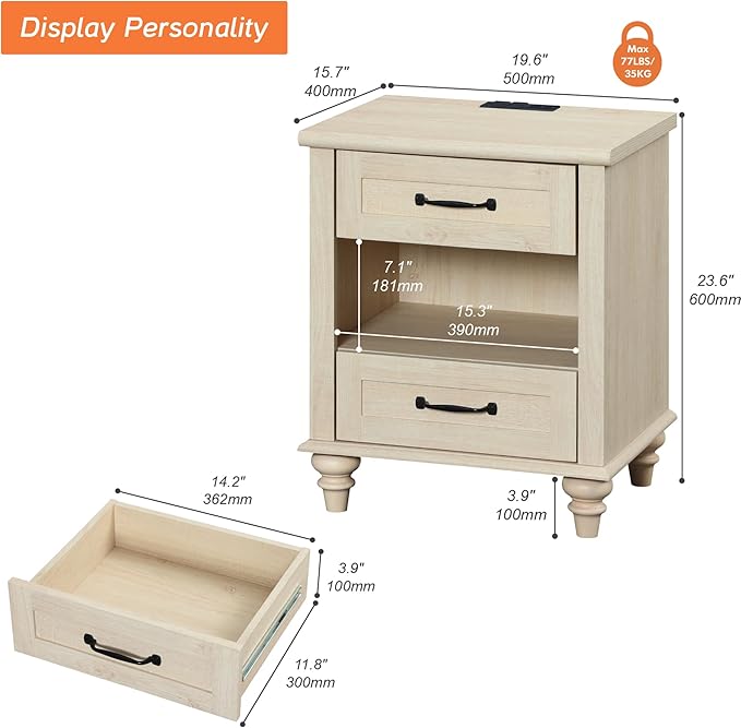 WAMPAT Beige Side Table with Charging Station, Elegant Nightstand for Bedroom with 2 Drawers & Open Shelf, Wooden End Table Bedside Table for Living Room, Kids Room