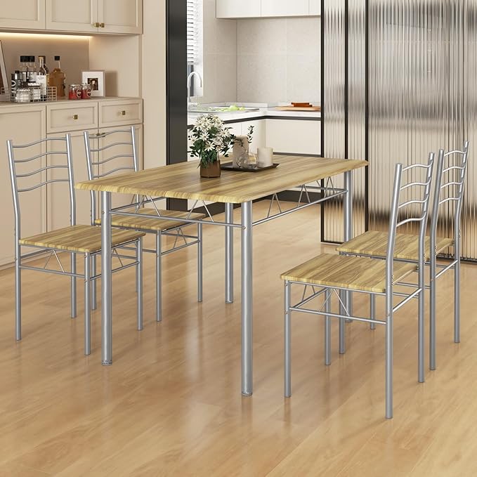 5 Piece Dining Table Set for 4 Chairs Modern Wood Metal Kitchen Breakfast Furniture (Shallow Walnut)