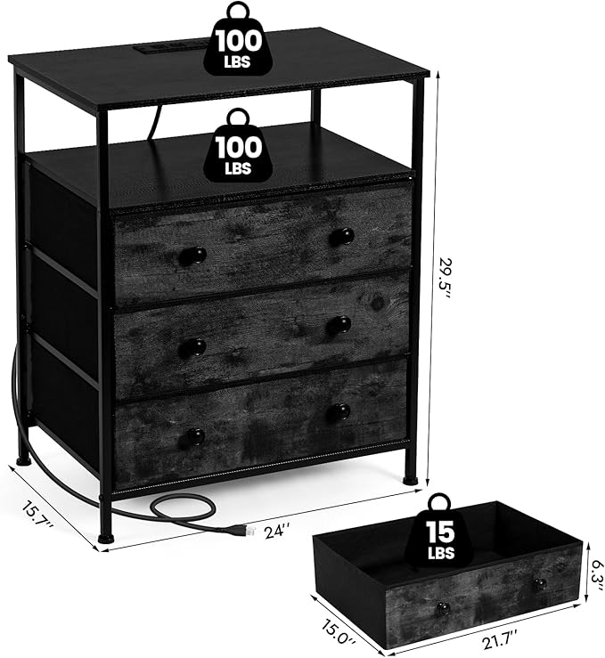 3 Drawers Dresser with Charging Station, 24 Inch Wide LED Night Stand with Adjustable Fabric Drawer, Nightstand with Storage Shelf for Living Room/Bedroom/Office, Black.