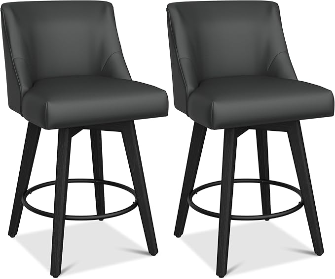 Counter Height Bar Stools Set of 8, Modern Swivel Barstools with Back and Wood Legs, Faux Leather Upholstered Bar Chairs, 26" H Kitchen Counter Stools, Kitchen Island Home Bar, Black Grey