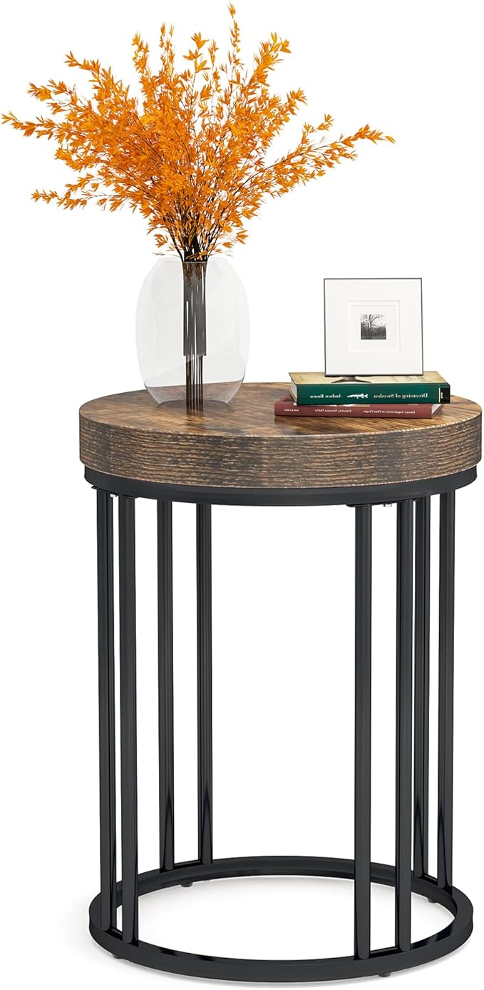 Tribesigns Round End Table, Modern Side Small Accent Nightstand with Metal Frame, Wooden Circle Bedside for Living Room Sofa Couch, Bedroom, Easy Assembly, Space Saving, Rustic Brown & Black