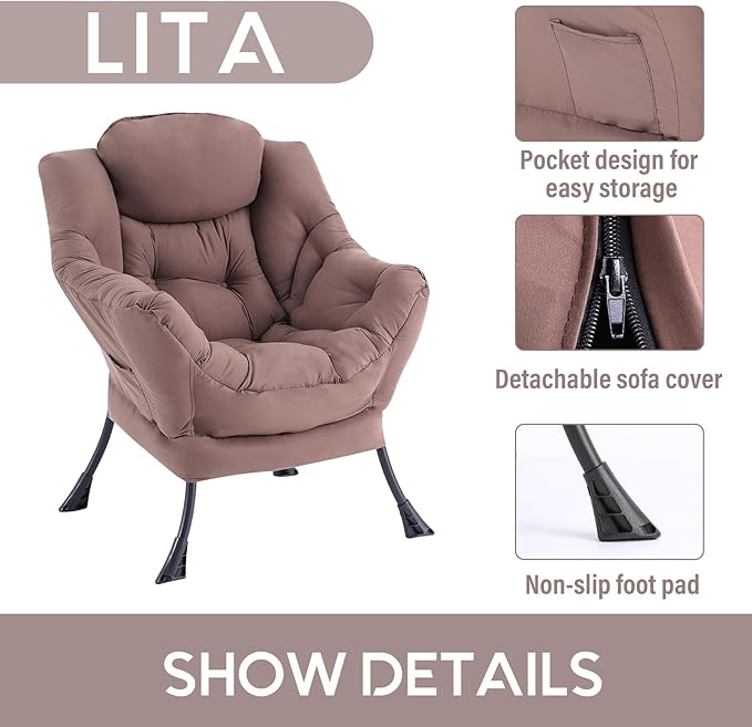 LITA Lazy Chair with Ottoman, Modern Accent Leisure Upholstered Sofa, Contemporary Lounge Reading Chair with Armrests and a Side Pocket for Living Room, Bedroom & Small Space, Single Dark Brown