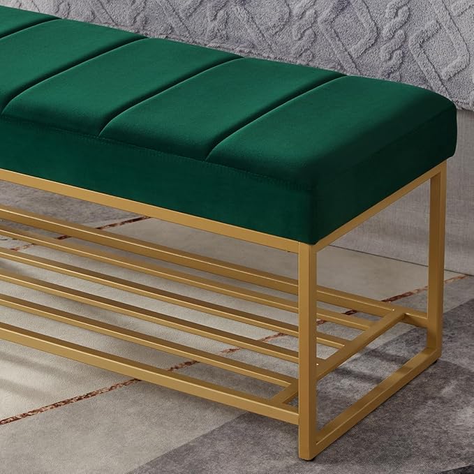 24KF Jade Velvet Upholstered End of Bed Bench with Metal Shelf, Modern Tufted Channel Entryway Bench Footboard Bench for Living Room, Bedroom, Gold Bench,5036-Jade