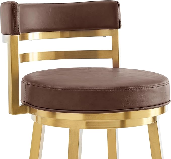 Armen Living Madrid 30" Seat Height Swivel Modern Vintage Coffee Faux Leather and Gold Brushed Stainless Steel Bar Stool for Kitchen Island Counter