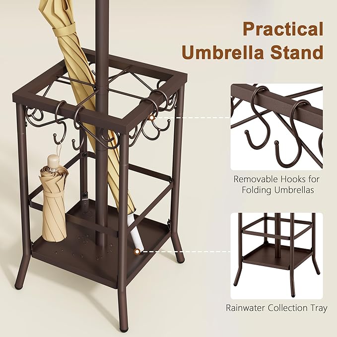 Hoctieon Coat Rack Freestanding, Coat Tree with Umbrella Holder, Metal Coat Rack Stand with 12 Hooks, Standing Coat Hanger Stand, Umbrella Stand for Entryway, Hat Rack Stand for Home Office, Brown