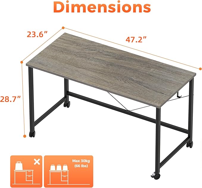 Rolling Computer Desk with Wheels, Gaming Desk for Small Spaces, Modern Simple Style Table for Home Office, Study Writing Table (Caster, Stone Gray, 48 inch)