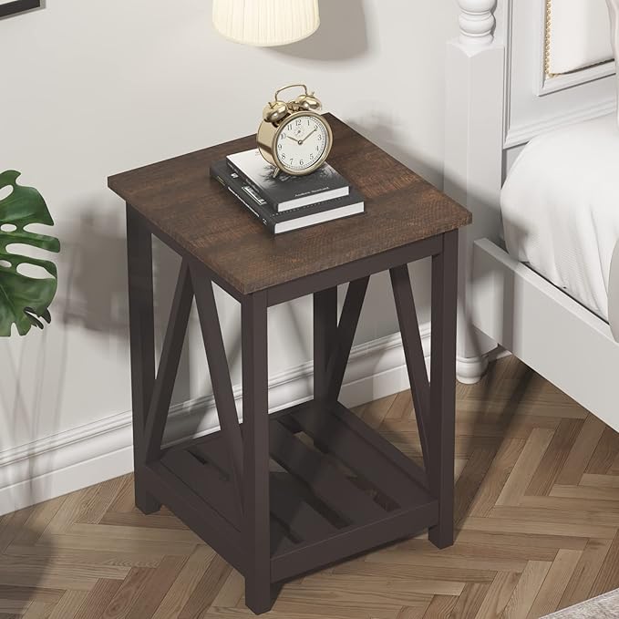 ChooChoo Farmhouse End Table, Rustic Vintage End Side Table with Storage Shelf for Small Spaces, Nightstand Sofa Table for Living Room, Bedroom Espresso 2 Pack
