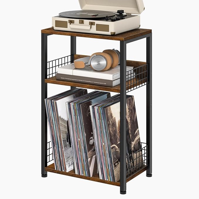 LELELINKY End Table with Storage, Brown Nightstand for Small Spaces,3 Tier Record Player Stand with Vinyl Storage Shelf, Sofa Couch Side Tables for Living Room Bedroom