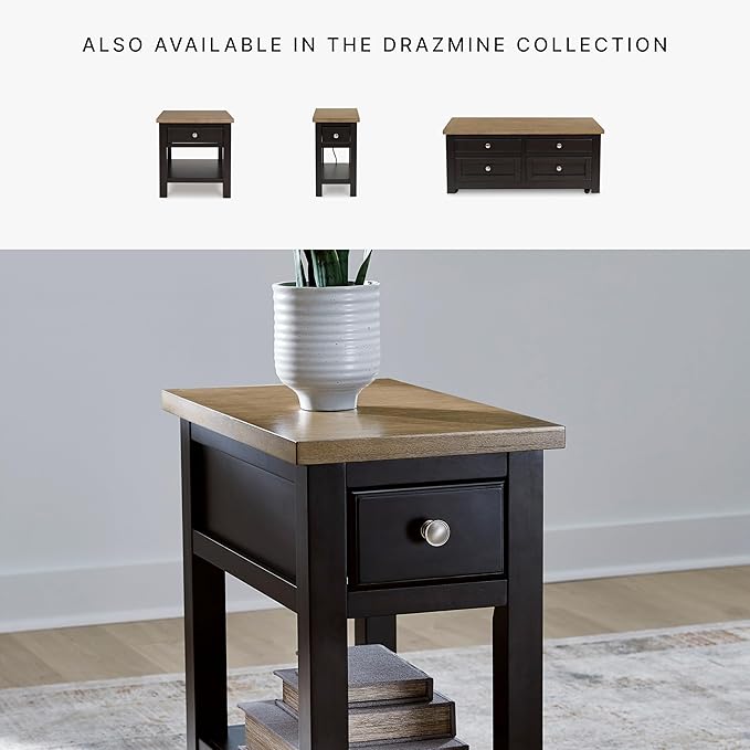 Signature Design by Ashley Drazmine Casual 1 Drawer Chair Side End Table with USB Charging Ports, 1 Lower Shelf and Power Cord, Light Brown & Black