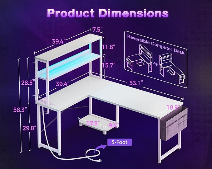 ODK 53 Inch L Shaped Desk with LED Lighting, Reversible Gaming Desk with Power Outlets, Cornor Computer Table with Storage Shelves & Bag & Iron Hook, Home Office Table for Writing, Study, White