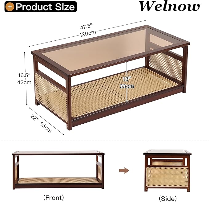 Welnow Rattan Coffee Table for Living Room, Modern 2-Tier Rectangle Center Table with Storage Shelf and Glass Top, Mid-Century Boho Furniture for Apartment, 47.5" Walnut