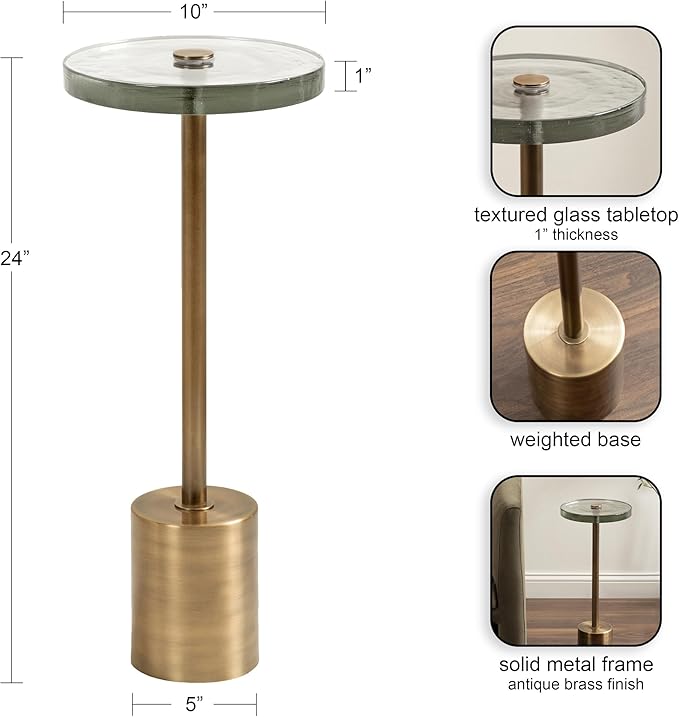 Kate and Laurel Xyler Modern Round Metal and Glass Drink Table, 10 x 10 x 24, Clear Glass and Antique Brass, Transitional Plant Pedestal Table for Use as Indoor Plant Stand or Small Bathtub Table