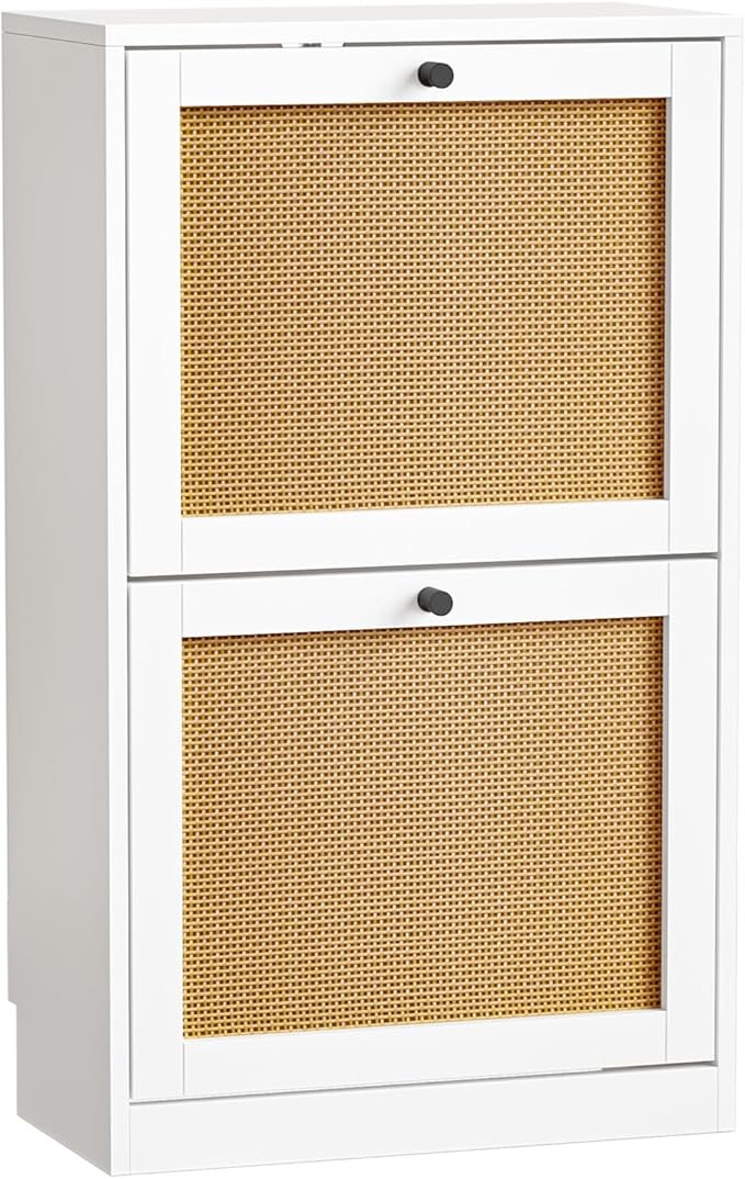 Shoe Storage Cabinet for Entryway with 2 Flip Drawers, Narrow Wood Shoe Cabinet with Rattan Panel, Freestanding Hidden Shoe Organizer for Foyer, Hallway, Small Space (White)