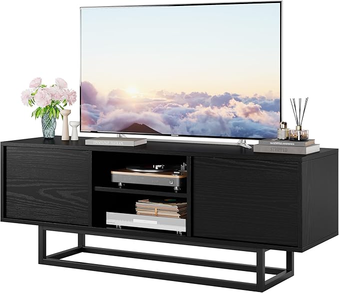 HAIOOU TV Stand for 50 55 Inch TV, Modern TV Console Small Entertainment Center with Sturdy Metal Base, Push-to-Open Doors and Soft-Close Hinges for Living Room, Bedroom - Wood Grain Black