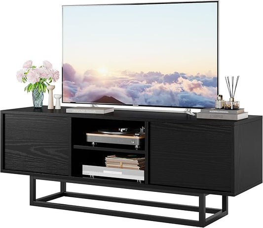 HAIOOU TV Stand for 50 55 Inch TV, Modern TV Console Small Entertainment Center with Sturdy Metal Base, Push-to-Open Doors and Soft-Close Hinges for Living Room, Bedroom - Wood Grain Black