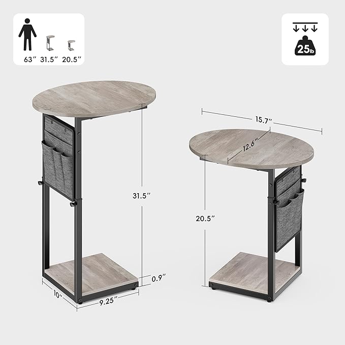 Vagusicc C Shaped End Table, Adjustable Height Small Side Table for Couch and Recliner, 32" Tall Couch Side Table Slide Under Sofa Tray Desk with Storage Bag for Living Room and Bedroom, Greige