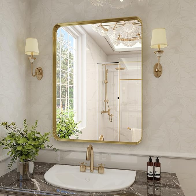 Bathroom Mirror 20x30 inch, Gold Gorgeous Deep Frame Wall Mirror, Modern Round Corner Bathroom Vanity Mirror for Bedroom, Living Room, Hanging or Leaning Horizontal or Vertical, Gold