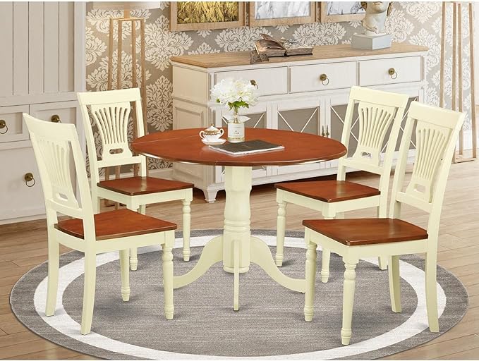 East West Furniture DLPL5-BMK-W 5 Piece Modern Dining Table Set Includes a Round Wooden Table with Dropleaf and 4 Dining Chairs, 42x42 Inch, Buttermilk & Cherry