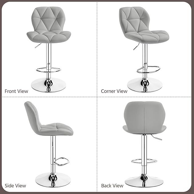 Yaheetech Grey Bar Stools Set of 2, PU Leather Bar Chairs with Backrest, Height Adjustable Swivel Island Stools for Bar, Kitchen Counter, Light Grey