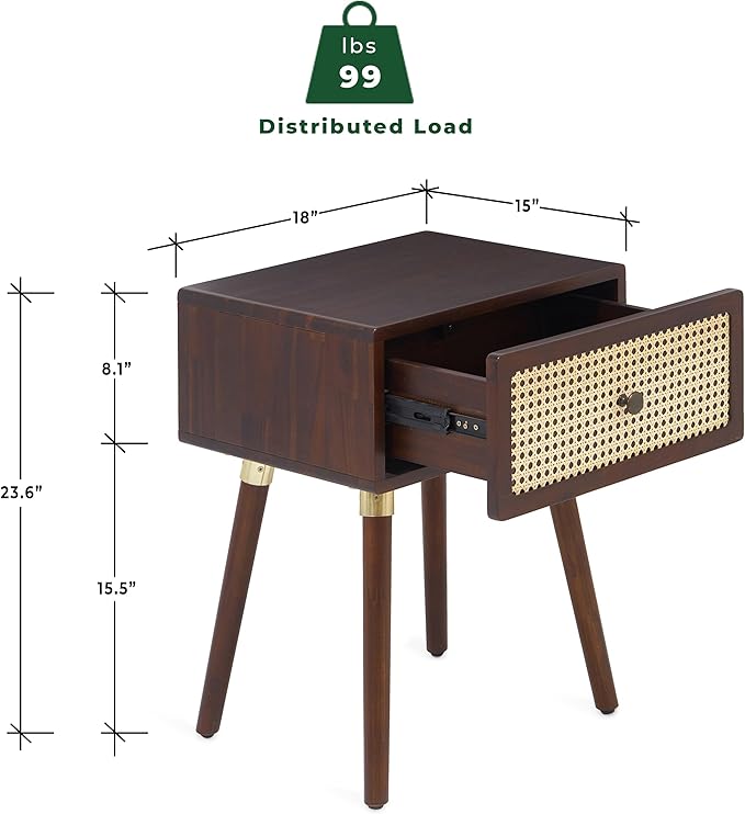 Bme Nipe Solid Wood and Rattan Nightstand, Fully Assembled, Woven Cane End Table, Bedside Table for Modern Bedroom, Boho Living Room with Tall Wood Legs Large Storage 1-Drawer, Walnut