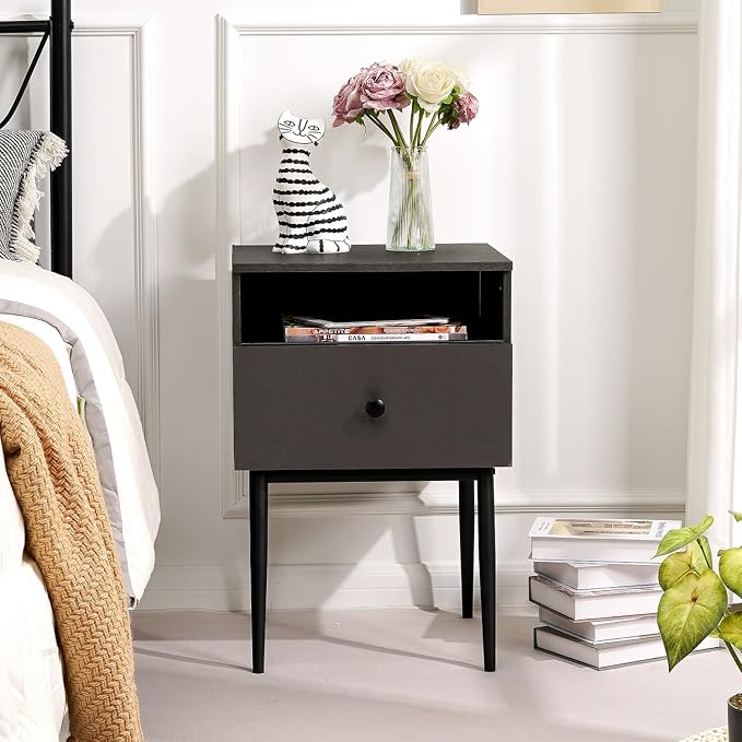 VECELO Modern Wood Night Stand,Square End Table Side Table with Drawer and Storage Space Gray Bedside Table for Bedroom Living Room Office