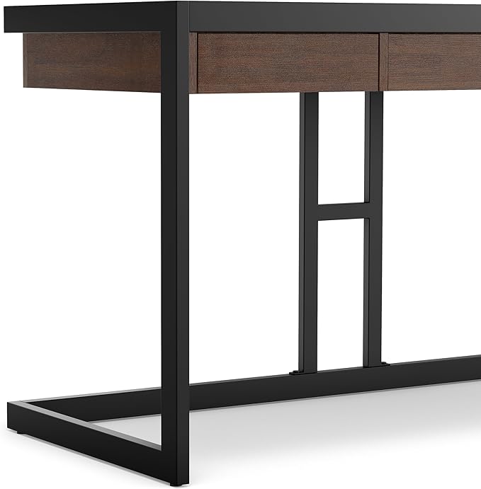SIMPLIHOME Erina Desk - 60-Inch Wide Solid Acacia Wood and Metal Writing Desk in Distressed Charcoal Brown, Modern Industrial Home Office Computer Table for Study with 2 Drawers and Keyboard Tray