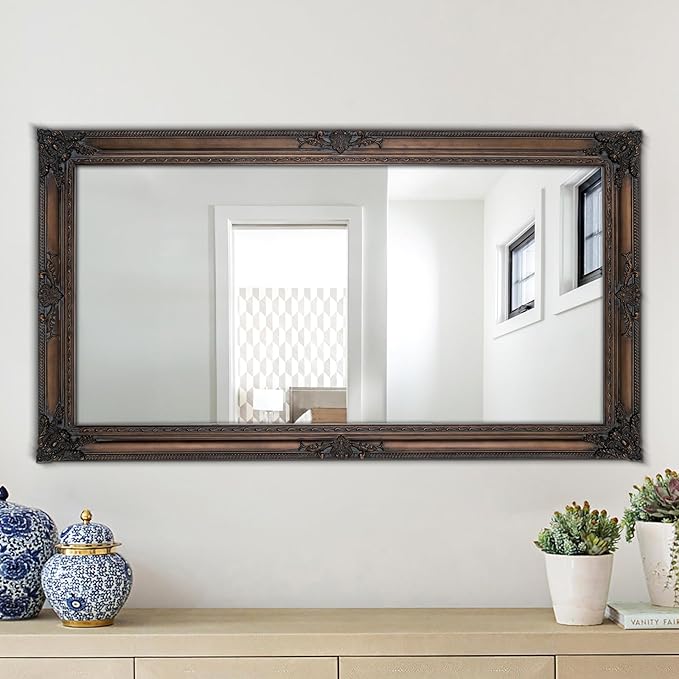 Large Bronze Mirror, 53''x29.5''Vintage Mirrors with Ornate Wooden Frame, Decorative Mirror for Living Room Dining Room Hallway, Horizontal/Vertical