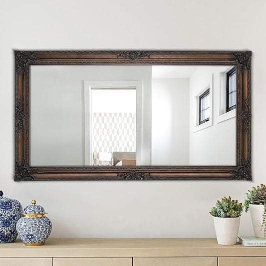 Large Bronze Mirror, 53''x29.5''Vintage Mirrors with Ornate Wooden Frame, Decorative Mirror for Living Room Dining Room Hallway, Horizontal/Vertical