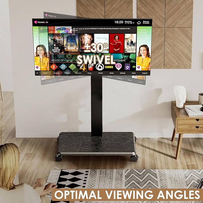 Rolling TV Stand Portrait for 65 70 75 Inch TVs, Tilt and Swivel Mobile TV Cart on Wheels up to 110 Lbs, 6 Height Adjustable PortableTV Stand, Max VESA 600x400mm