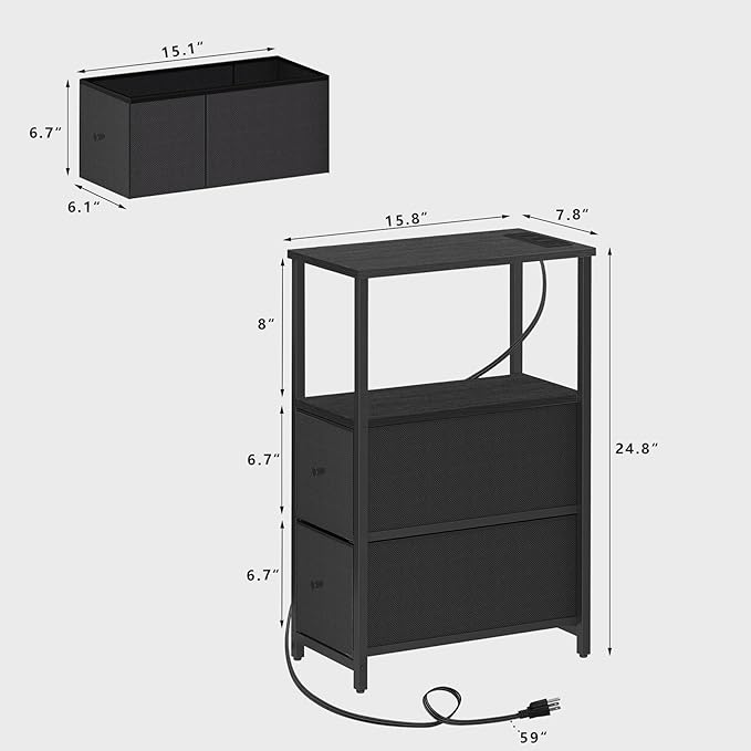 TUTOTAK Small Narrow LED End Table with Charging Station, Side Table Outlets, Nightstand with 2 Cloth Drawers, Set of 2, Couch Table, for Living Room, Bedroom, Bedside, Black TB01BK056