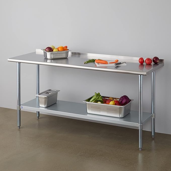 ROCKPOINT Stainless Steel Table for Prep & Work with Backsplash 24x72 Inches, NSF Metal Commercial Kitchen Table with Adjustable Under Shelf and Table Foot for Restaurant, Home and Hotel
