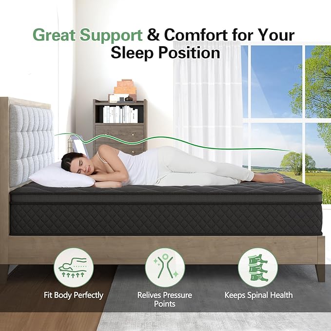 Hybrid Mattress, Medium Mattress Euro Top for Back & Lumbar Support, 100 Night Trial, Individual Pocket Spring Bed for Motion Isolation & Pressure Relief (14 Inch, Queen)