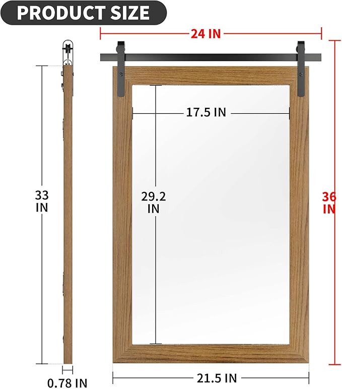 Farmhouse Wall Mirror, Rustic Wood Frame Bathroom Mirror Barn Door Inspired Decorative Vanity Dress Mirrors for Living Room Entryway, 24x36 INCH Brown