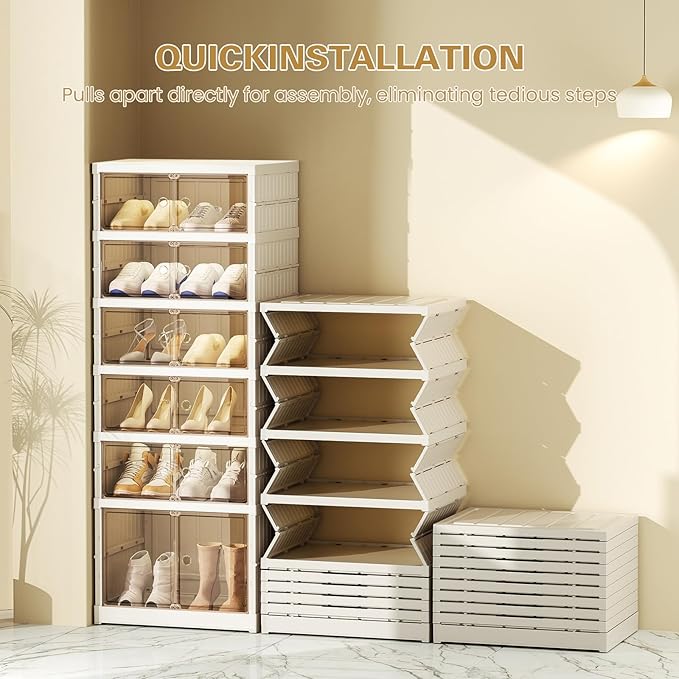 ELPHECO 6 Tier 12 Pairs Foldable Shoe Rack Shoe Organizer with Magnetic Doors, Entryway Folding Shoe Shelf, Easy Assembly Sneaker Cabinet, Plastic Shoe Storage Container Bins