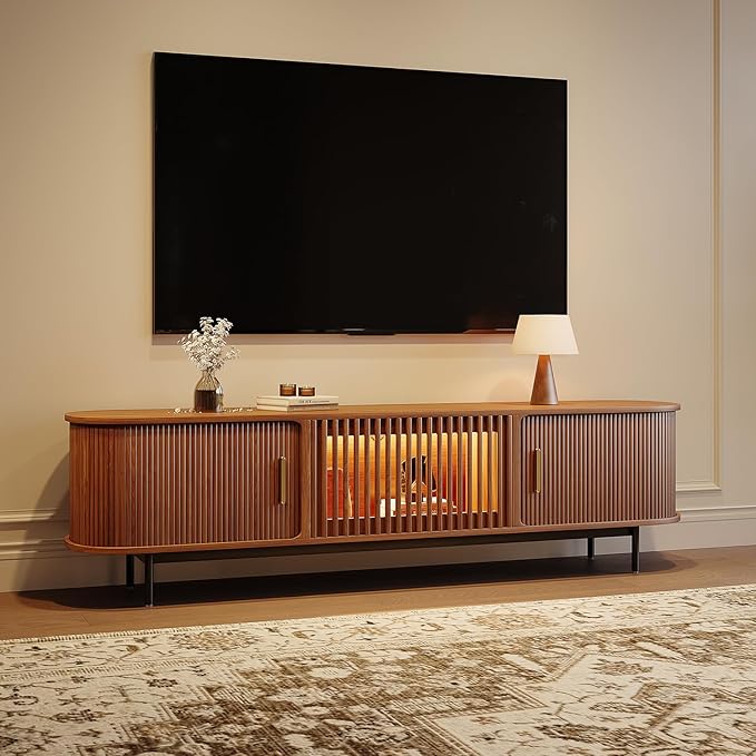 POVISON Sliding Tambour Door TV Stand with LED Lights, Mid Century Modern TV Console, Wood Media Console, Entertainment Center with Storage Cabinet, Fully-Assembled (Walnut, 78.74")