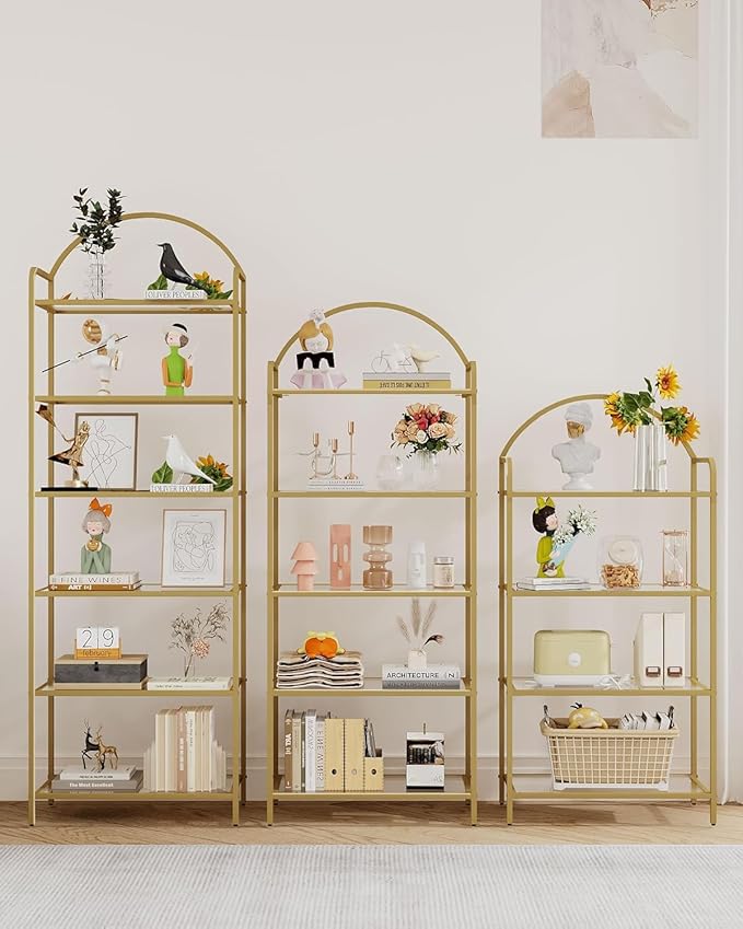 Bookcase Bookshelf, Tempered Glass Bookshelves, Slim Shelving Unit for Bedroom, Bathroom, Home Office, Steel Frame, 4 Tier Gold BC21499G