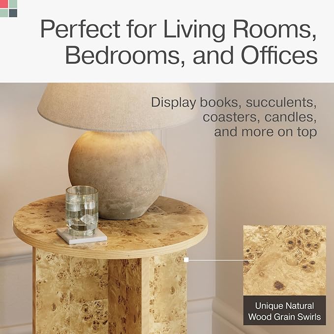 Round Natural Burl End Table for Living Room - 16" Round x 19.2" H - Lacquered Natural Finish & Solid Cross Base - Burled Side Table with Padded Feet - Versatile Nightstand
