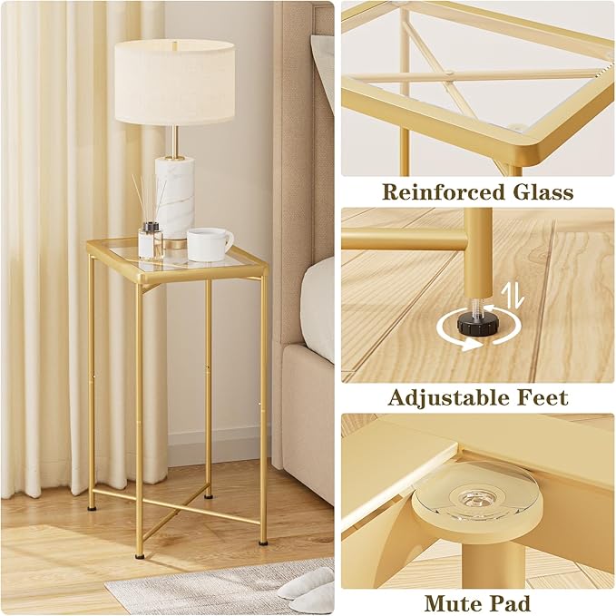 Garden 4 you Small Side Table, Glass End Table, Outdoor Side Table with Metal Frame, Mini Bedside Table for Living Room, Bedroom, Patio, Small Space, Gold