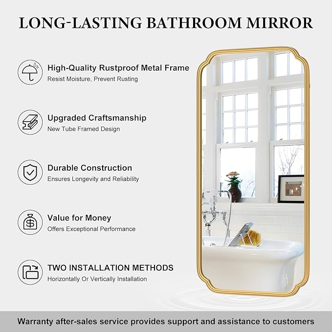 Gold Wall Mirror 48 x 24 Inch Bathroom Vanity Mirror for Over Sink Modern Rounded Corner Rectangle Wall Mirror Decorative with Non-Rusting Iron Metal Framed (Horizontal/Vertical)
