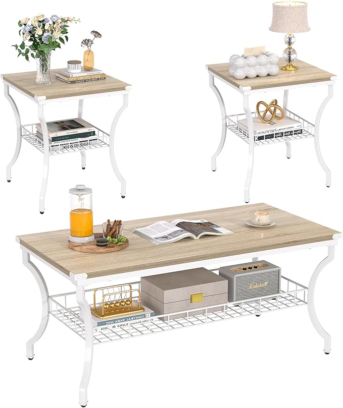 VECELO 3 Pieces Living Room Table Sets, Coffee and End Tables with Open Storage Shelves for Apartment, Home Office, Small Space, Easy Assembly, White Oak