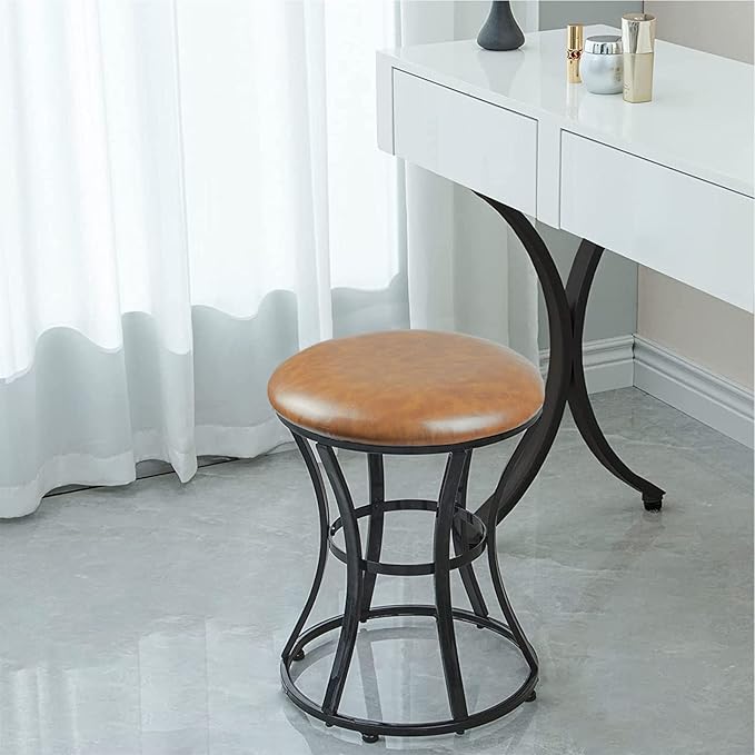 Vanity Stool Chair, Modern Dressing Stool for Makeup Vanity with Black Legs - Backless - Ottomans Round Seat, for Makeup Room, Bedroom, Bathroom, Living Room Accent Furniture Leather Brown