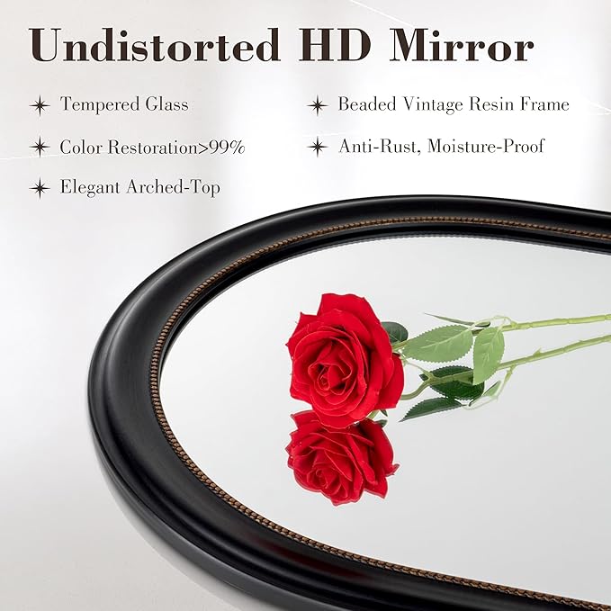 Axeman 22x30 Arched Wall Mirror, Decorative Bathroom Mirror, Traditional Vintage Wall Mounted Mirror with Beaded Frame for Accent Living Room Vanity Bedroom Entryway, Black