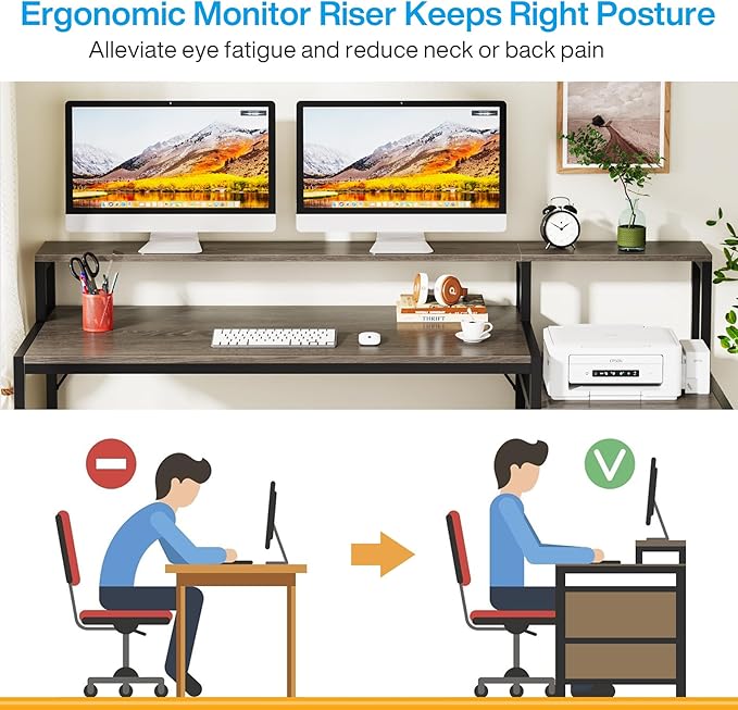 Tribesigns 63 Inch Computer Desk with File Drawer Cabinet, Ergonomic Office Desk with Monitor Stand, Industrial Computer Table with Printer Space, Wood PC Table Workstation Desk for Home Office