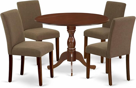 East West Furniture DMAB5-MAH-18 5 Piece Modern Dining Table Set Includes a Round Wooden Table with Dropleaf and 4 Coffee Linen Fabric Upholstered Chairs, 42x42 Inch, Mahogany